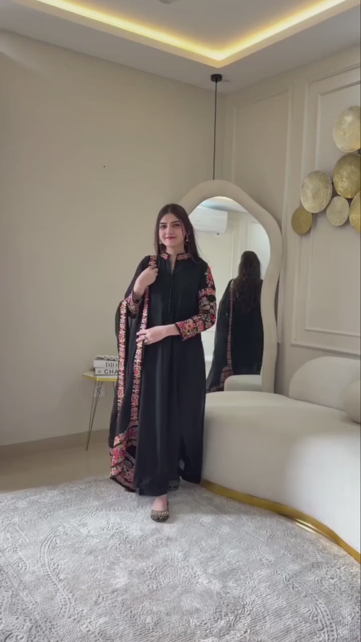 Embroidered 3Pcs Black Suit